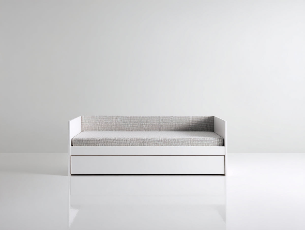 Sofás cama de madera y tejido 205x95x85 cm - blanco y gris claro - diseño compacto con base inferior integrada