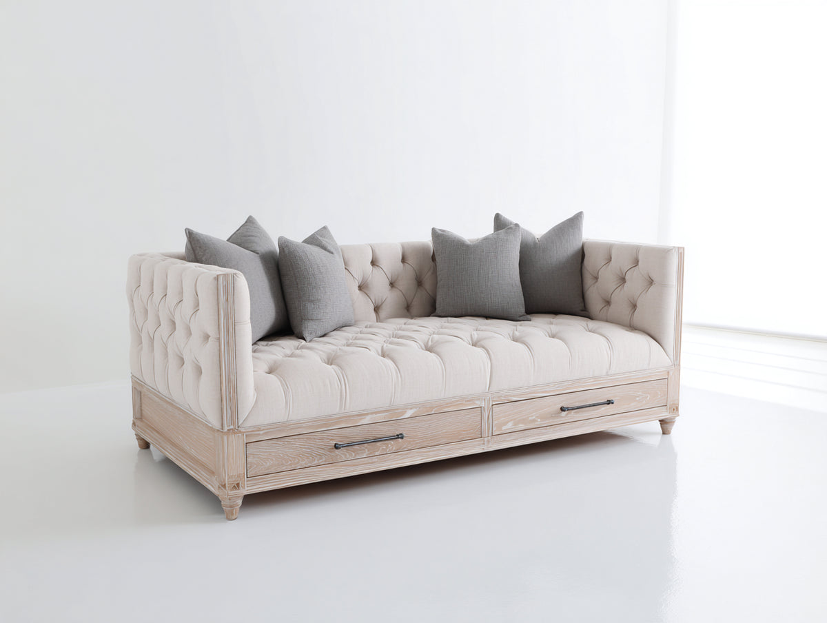 Sofás cama tapizados 205x95x90 cm - Beige y madera clara - 2 cajones inferiores con capitoné y diseño clásico