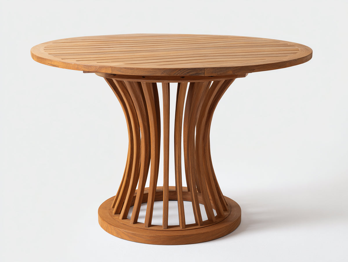 Mesas de jardín de madera 130 x 130 x 75 cm - madera natural - diseño redondo con base central curvada