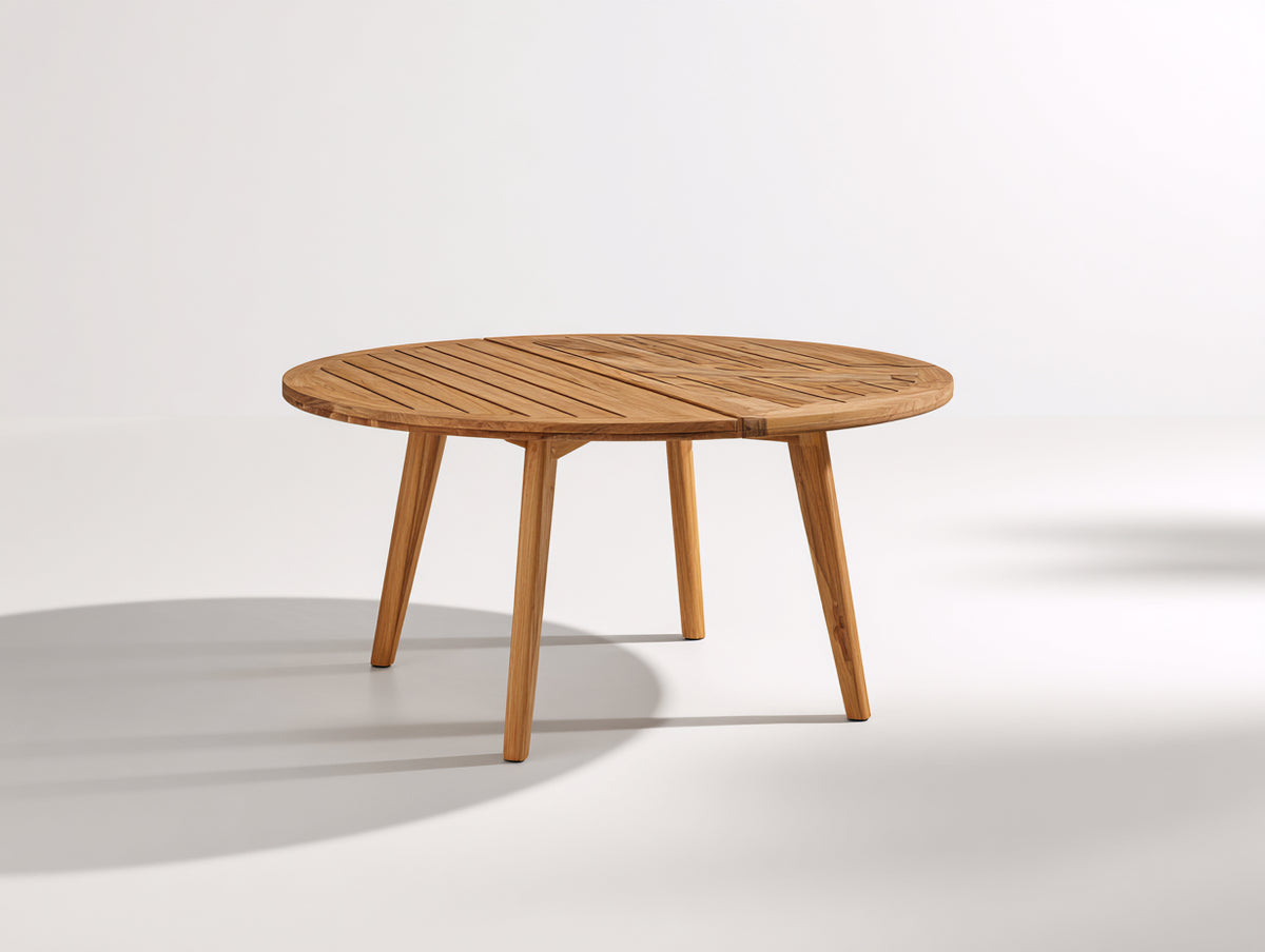 Mesas de jardín de madera 140x140x75 cm - Madera natural - Tablero redondo de listones con 4 patas y diseño moderno