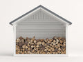 Leñero de exterior de madera 220 x 85 x 210 cm - blanco y gris - diseño cubierto con techo a dos aguas y respaldo cerrado