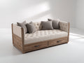 Sofás cama de madera 205 x 95 x 88 cm - madera natural y beige - diseño rústico con capitoné y 2 cajones inferiores