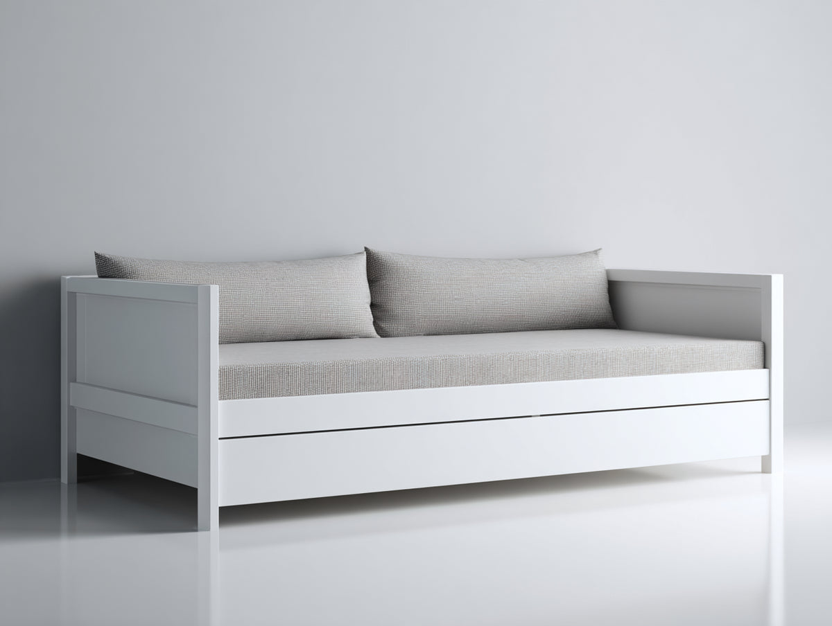 Sofás cama de madera 205x95x85 cm - Blanco y gris claro - Cama nido inferior y diseño moderno