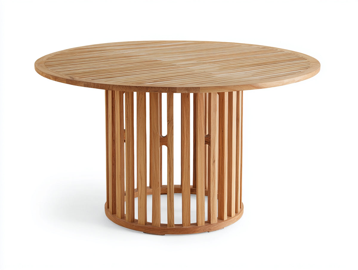 Mesas de jardín de madera 140x140x75 cm - Madera natural - Tablero redondo de listones con base abierta de diseño moderno