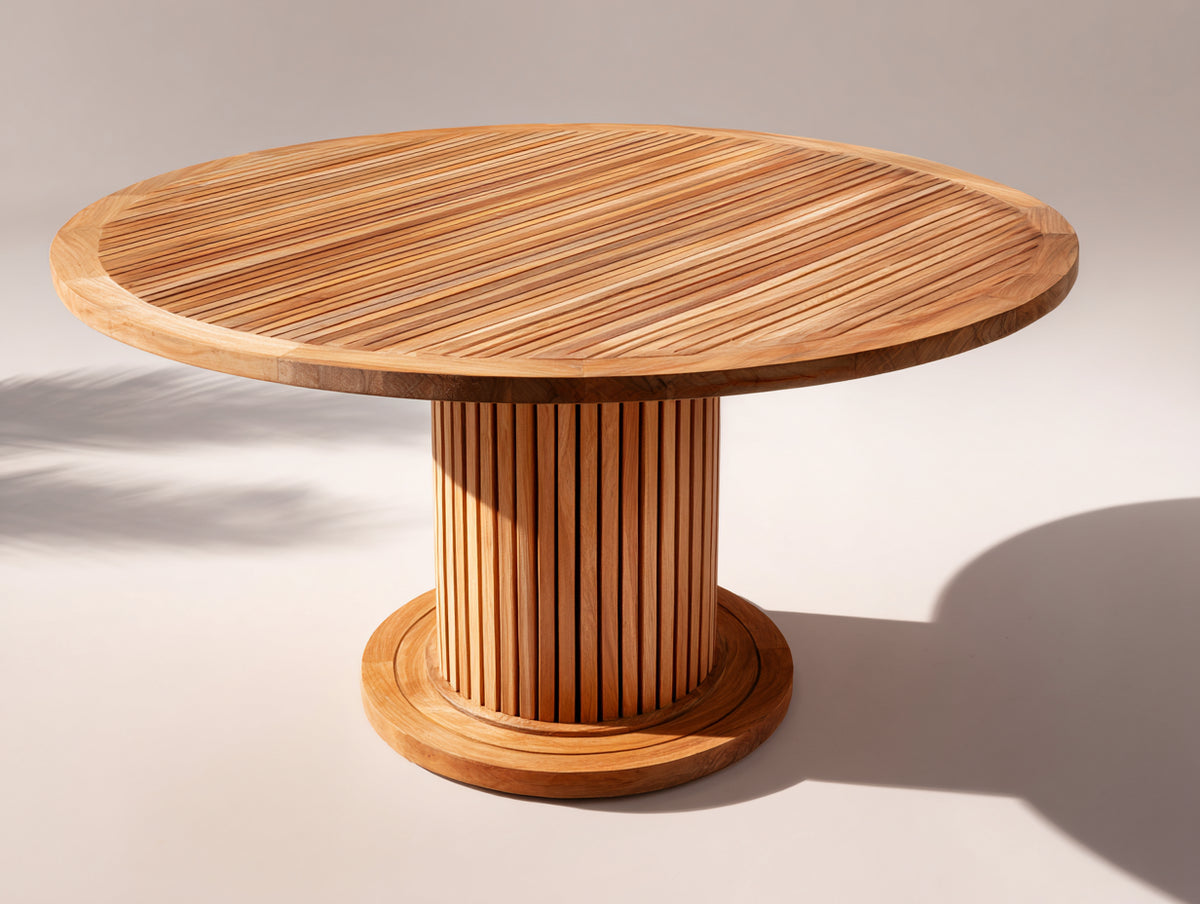 Mesas de jardín de madera 140 x 140 x 76 cm - madera natural - diseño redondo con base central acanalada