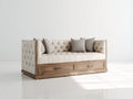 Sofás cama de madera y tejido 210x100x88 cm - beige y madera natural - tapizado capitoné con 2 cajones de almacenamiento