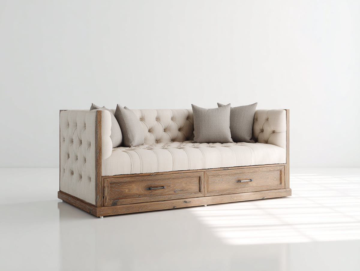 Sofás cama de madera y tejido 210x100x88 cm - beige y madera natural - tapizado capitoné con 2 cajones de almacenamiento