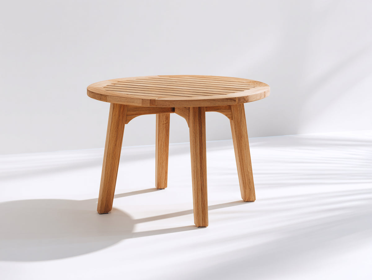 Mesas de jardín de madera 110 x 110 x 74 cm - madera natural - diseño redondo con tablero de listones y estructura abierta