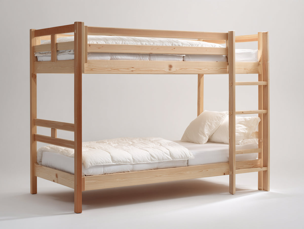 Literas de madera 205x105x170 cm - Madera natural - 2 camas con escalera y barandillas de seguridad