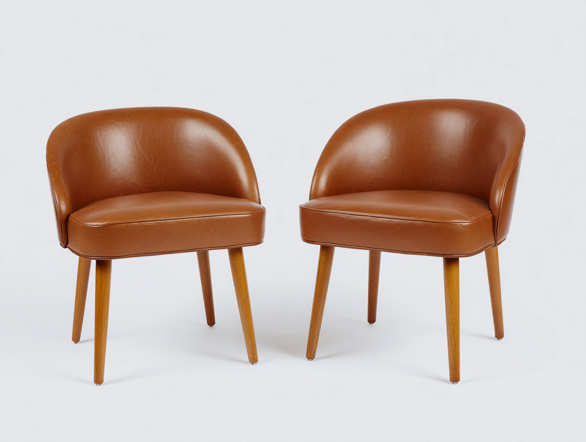 Sillas de comedor de madera y piel sintética 58x60x82 cm - coñac y madera natural - respaldo curvo envolvente y asiento acolchado