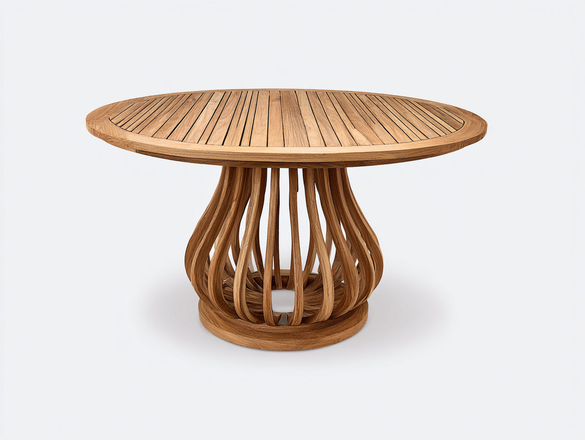 Mesas de jardín de madera 140x140x75 cm - Madera natural - Tablero redondo de listones con base escultórica abierta